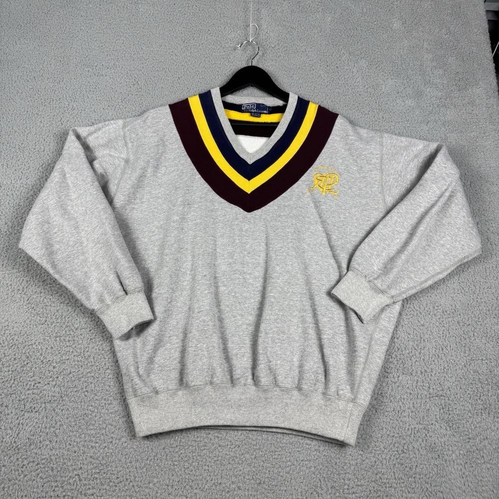 VTG Polo Ralph Lauren Large Grey Crest Cricket Sweater Wimbledon 90s LSU USC